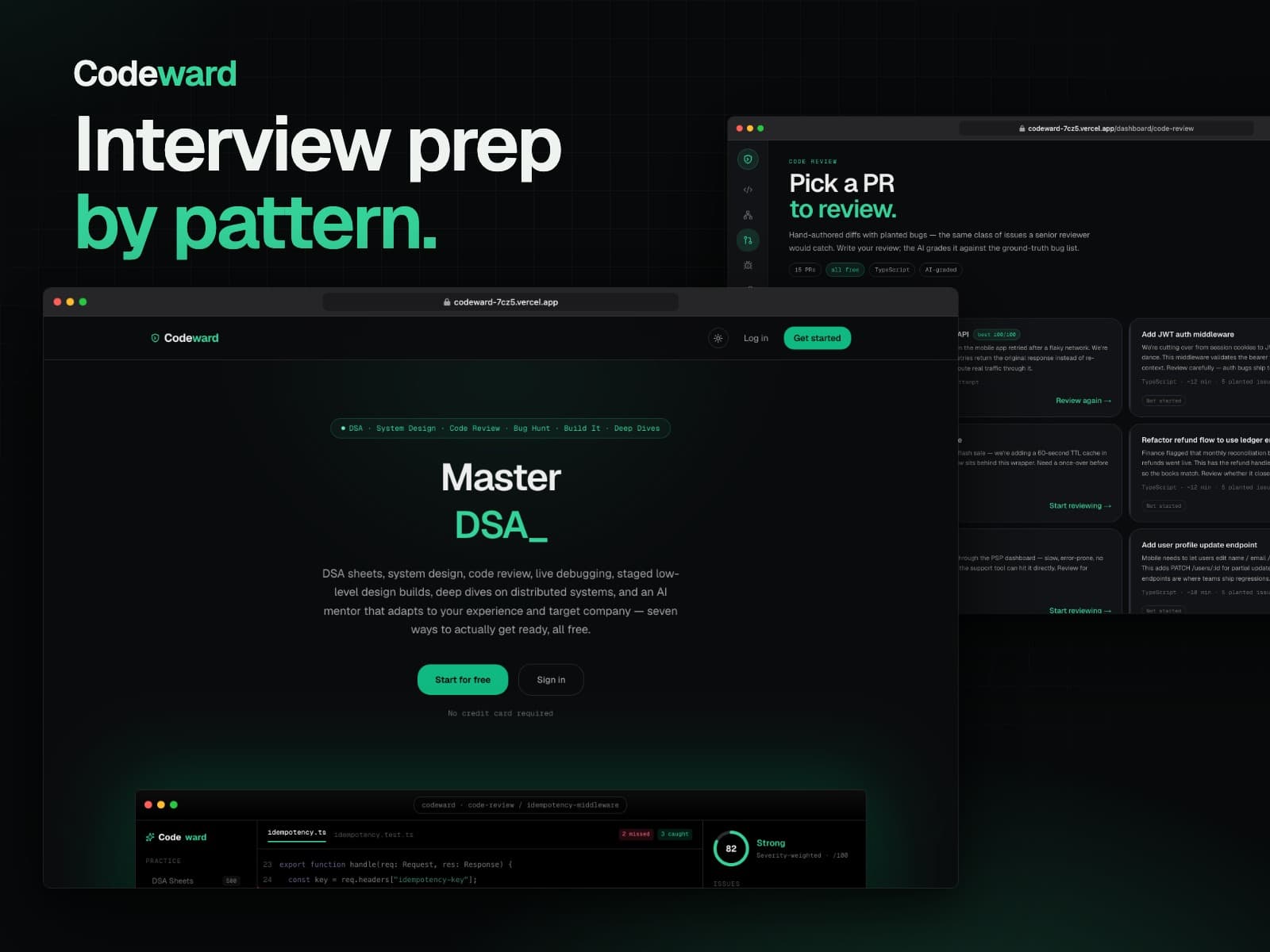 Codeward in a browser, showing its code-review mode — pick a pull request with planted bugs and the AI grades your review — under the line "Interview prep by pattern."